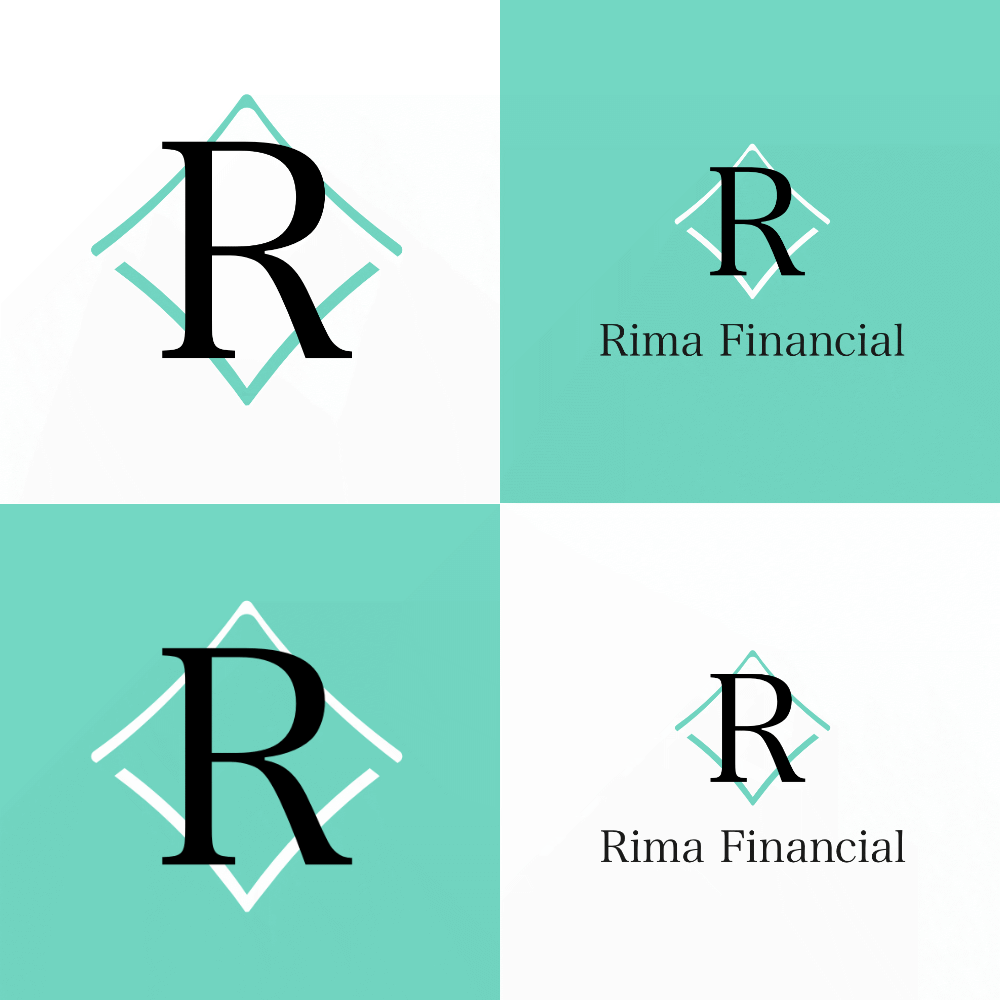 Rima Logotyp i forma av ett R och stämpel i turkost