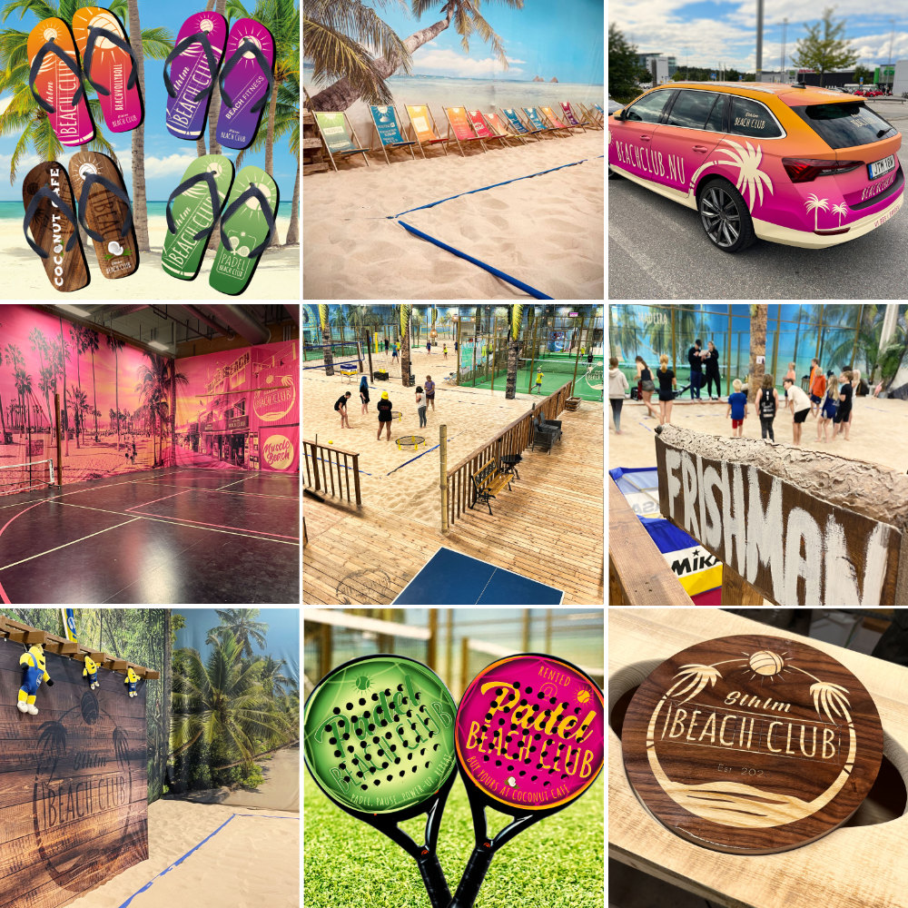 Stockholm Beach Club, strandtofflor, solstolar, bilfoliering, tygvepor, glasklistermärken, skyltar, grafik på racket, cnc-lucka