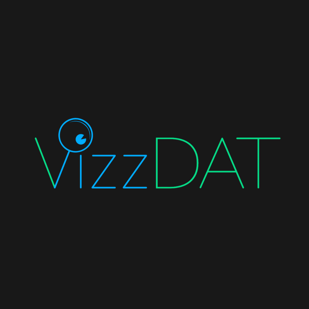 Logotyp till VizzDat i blått och grönt, V och i:et i form av ett förstoringsglas